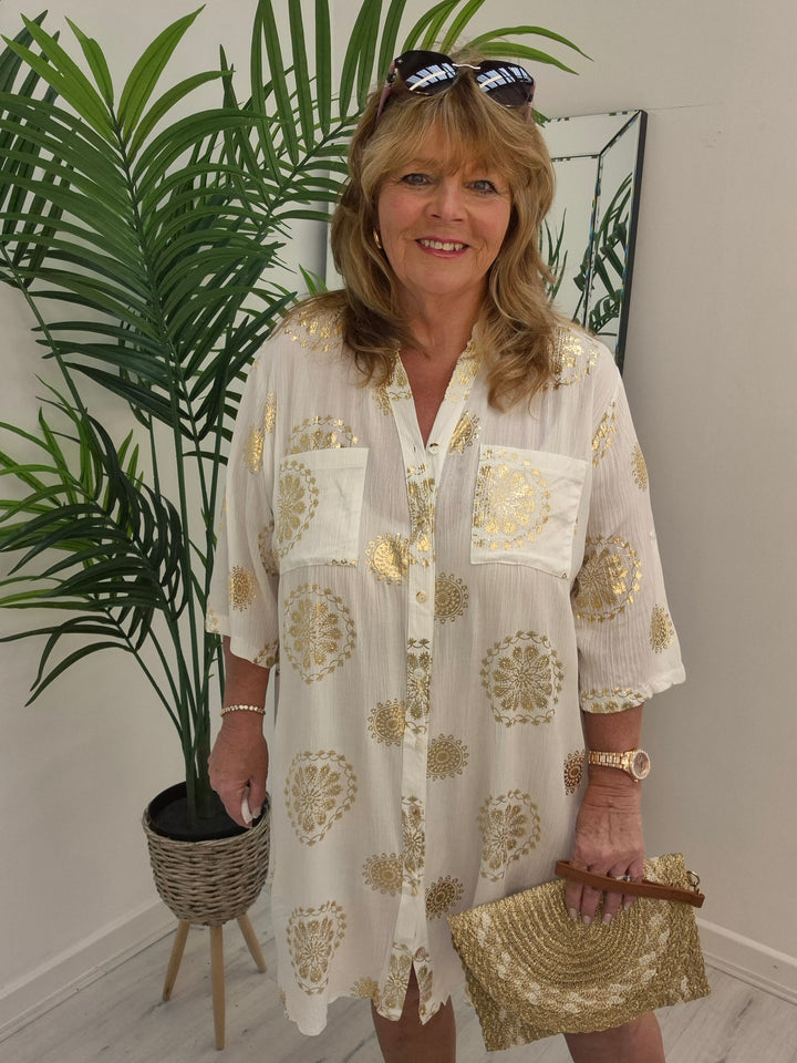 Ibiza Florals Shirt Dress - (Loose Fit) - White/Gold