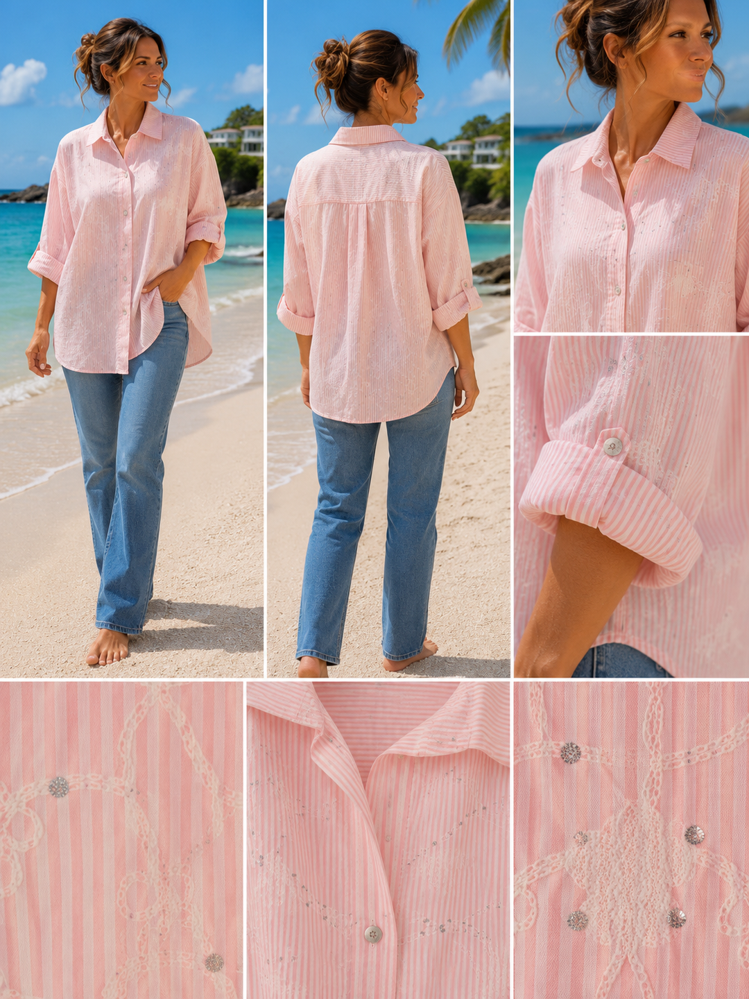 Pin Stripe Embroidered Blouse with Silver Metallic Thread (Oversized, fits from Size 16 up to Size 20) - Pink/White
