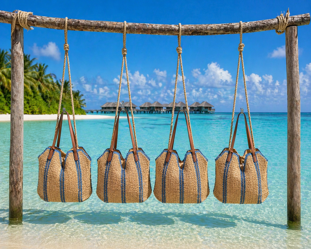 Maldives Beach Bag (Zipped & Fully Lined with Dual Faux Leather Handles - Natural/Blue