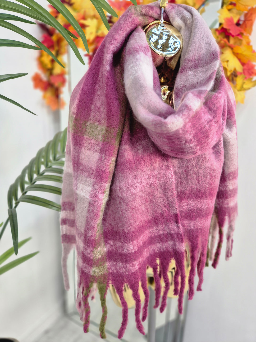 Checked Scarf with Fringing - Wine