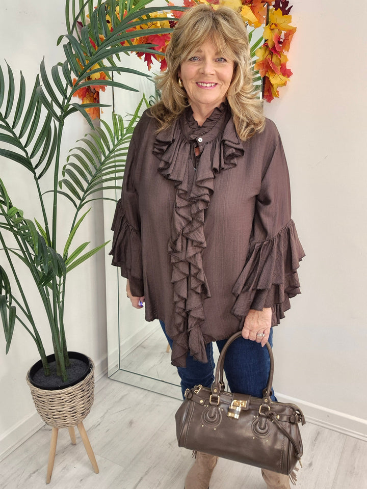 Rhea Ruffle Blouse - (One Size, fits from Size 14 up to Size 18/20) - Chocolate