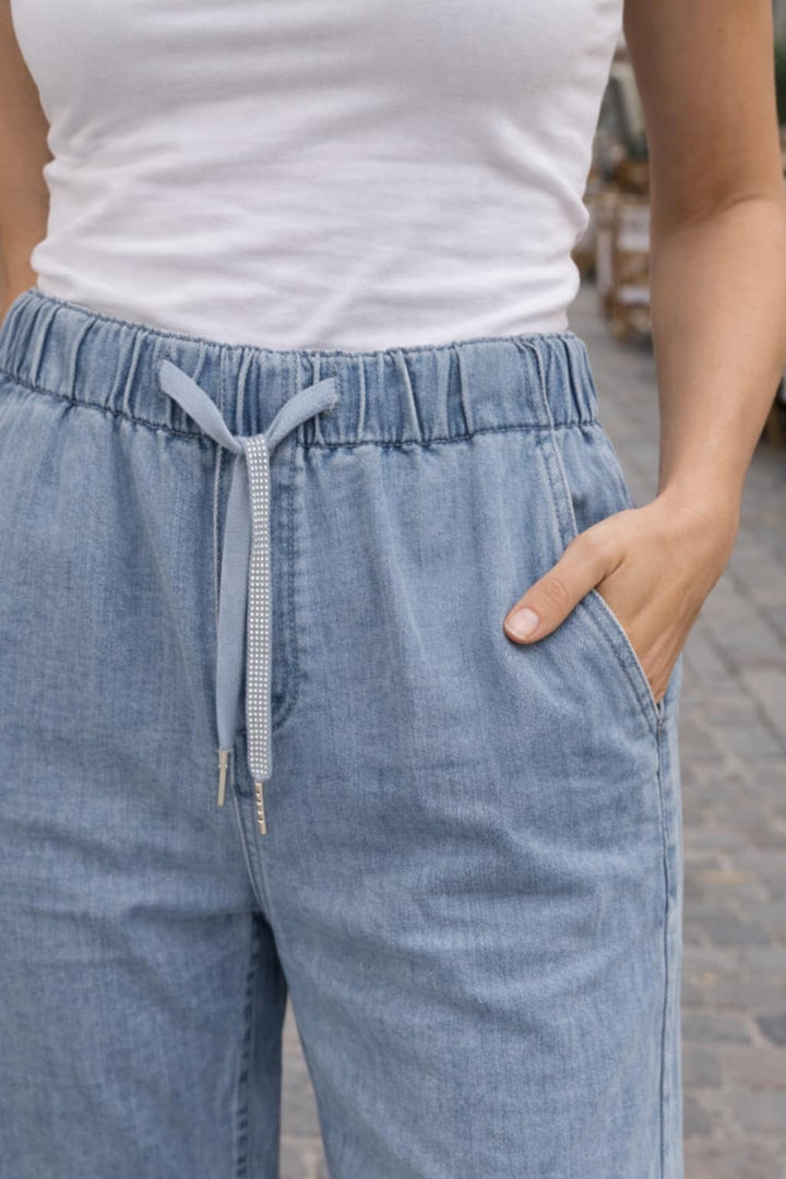Crystal Drawstring Wide Leg Jeans - Stonewashed (choose your Size)