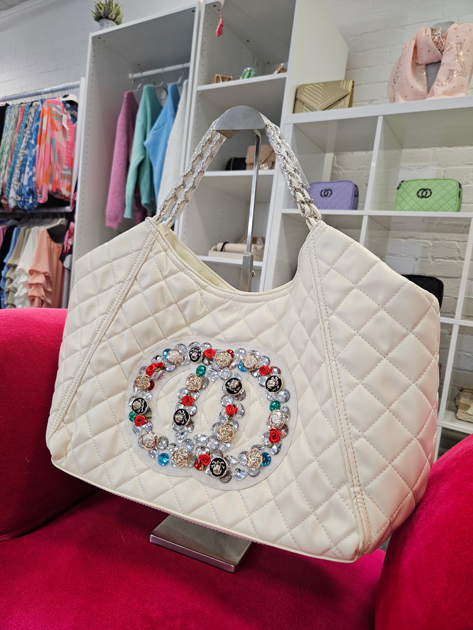 CoCo Crystal Quilted Tote Bag - Ivory