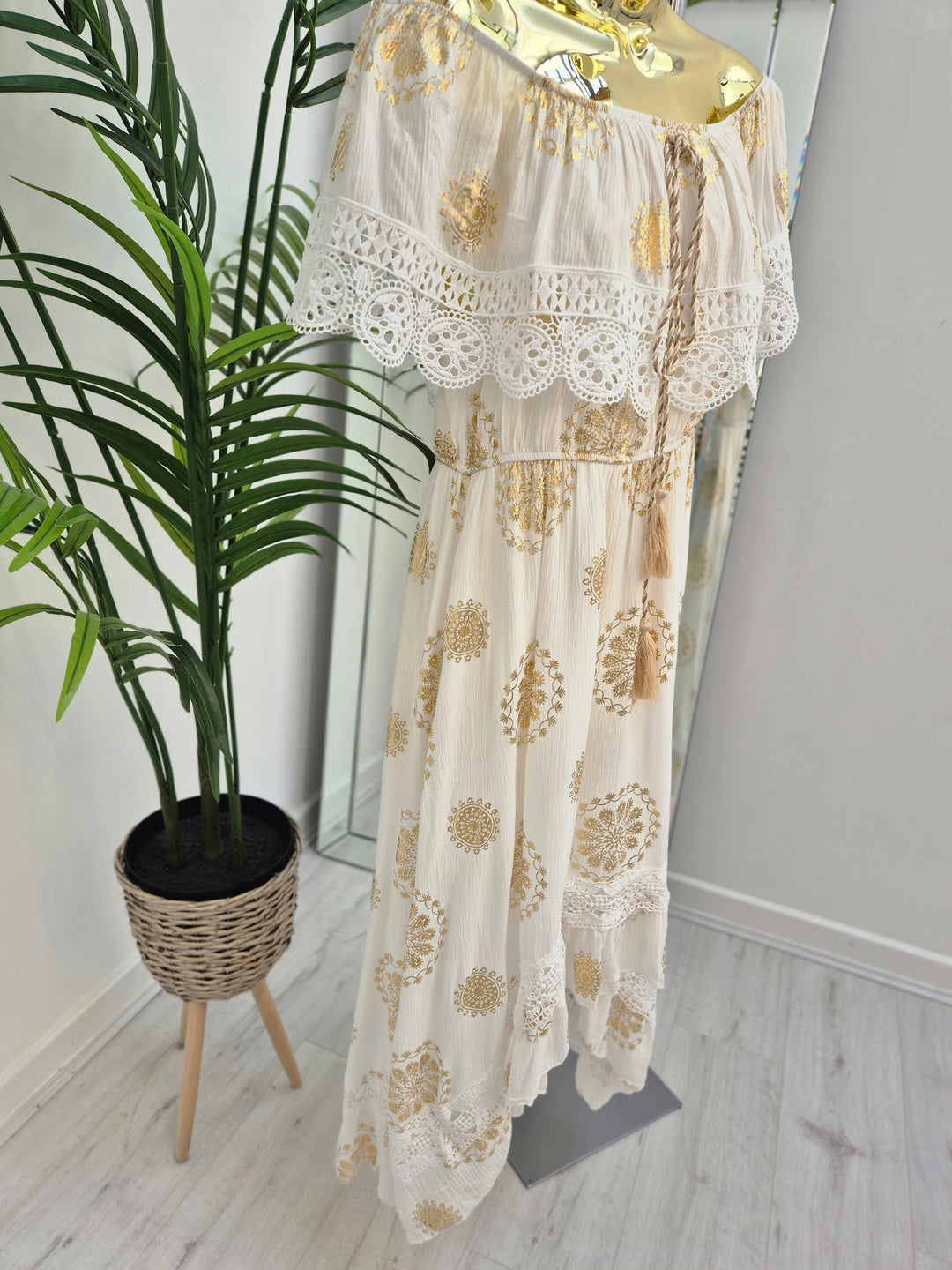 Ibiza Florals Bardot Dress - White/Gold (One Size, fits up to Size 16)