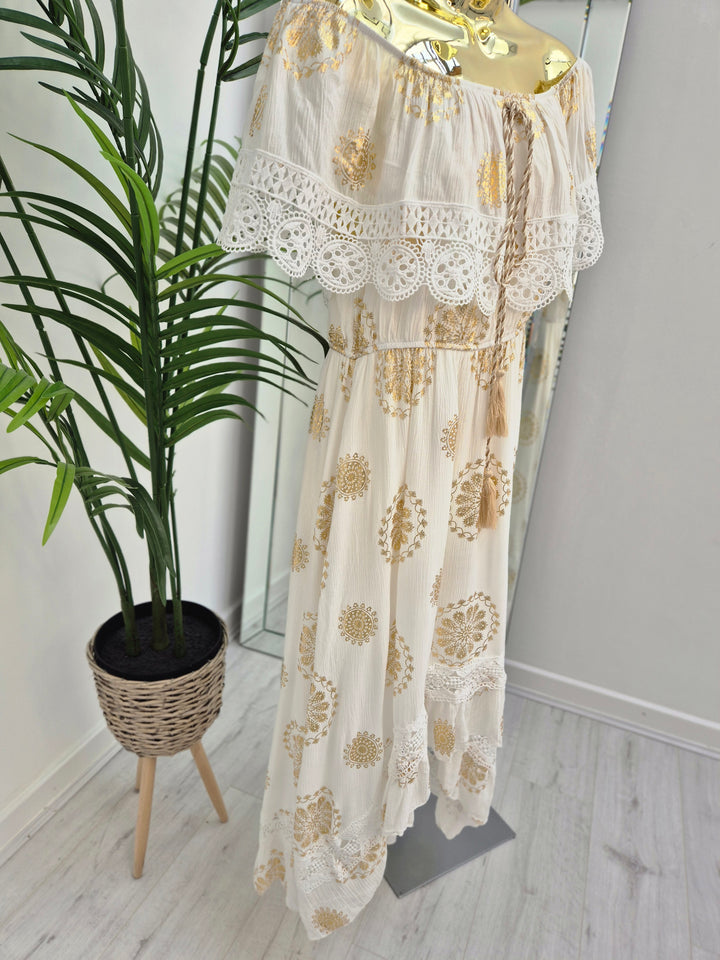 Ibiza Florals Bardot Dress - White/Gold (One Size, fits up to Size 16)