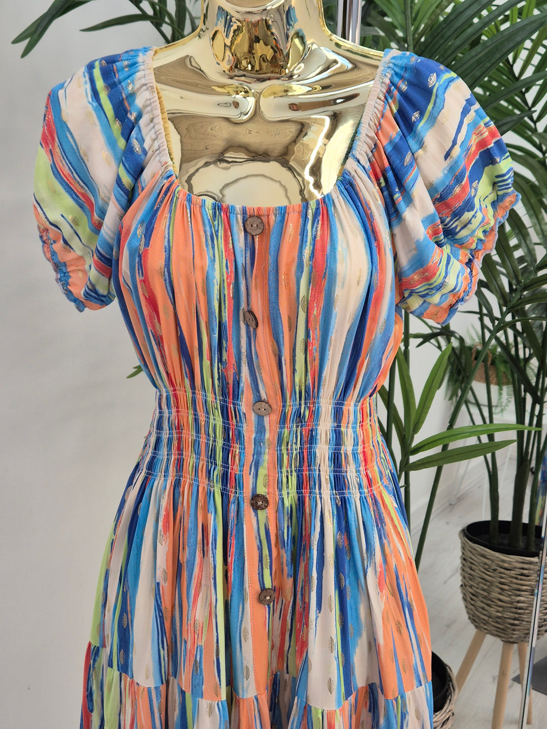 Malaga Midi Dress - Blue/Multi/Gold - (One Size/Curvy, fitting from Size 10 to Size 16/Small 18)