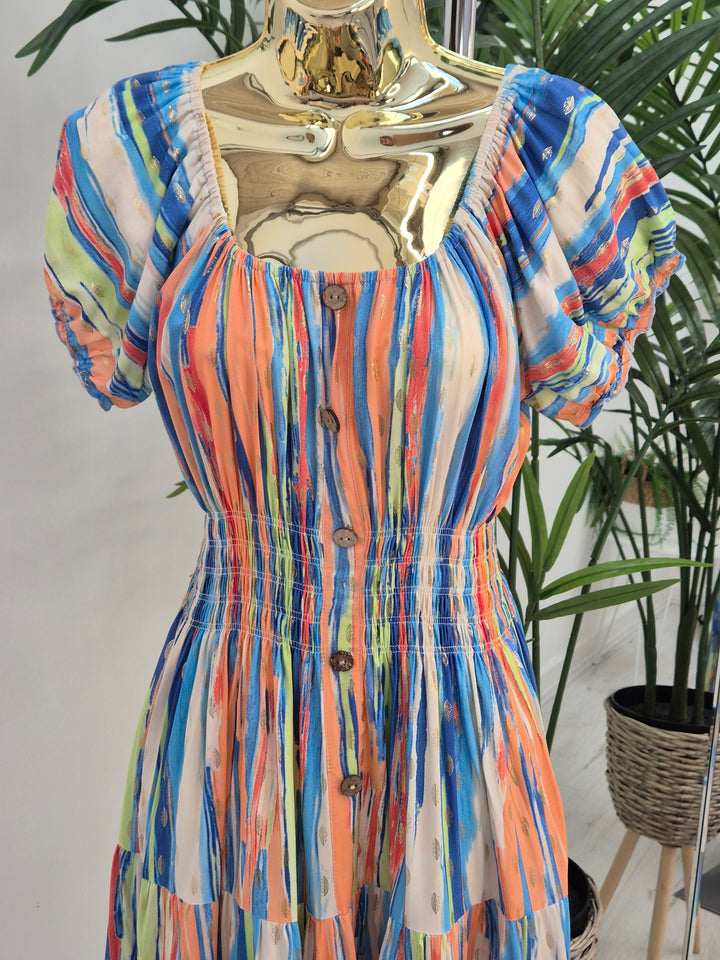 Malaga Midi Dress - Blue/Multi/Gold - (One Size/Curvy, fitting from Size 10 to Size 16/Small 18)