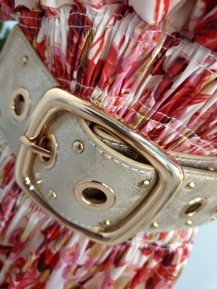 Stretchy Belt with Large Buckle - Gold/Beige