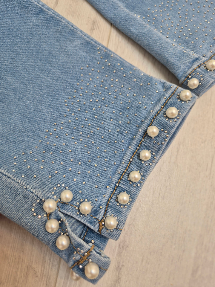 Crystal & Pearl Ankle Grazer Jeans - Stonewashed - (choose your Size)