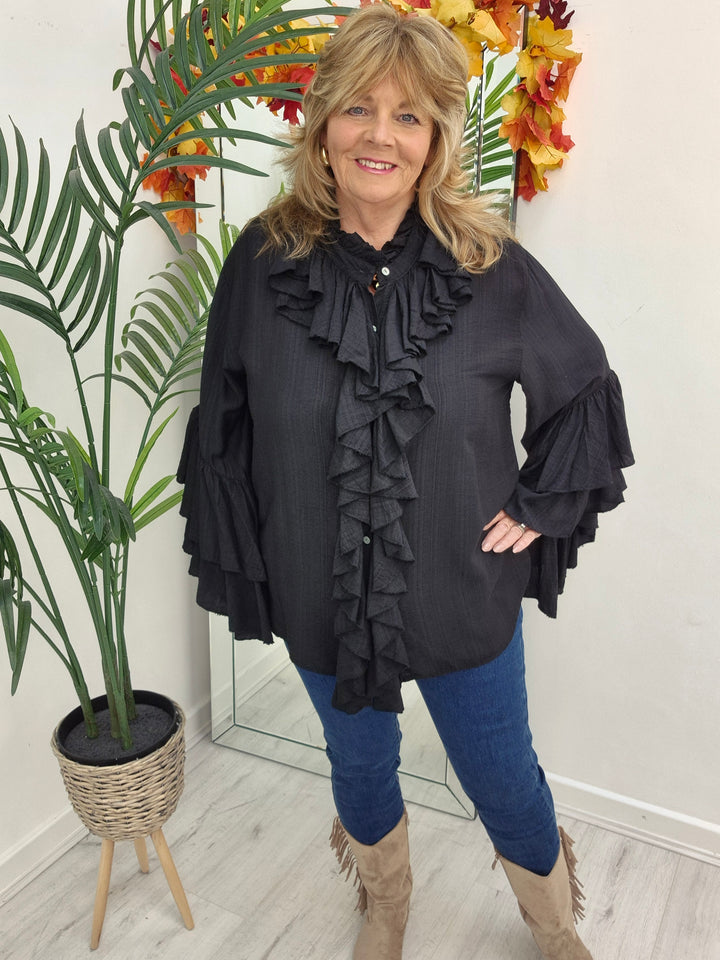Rhea Ruffle Blouse - (One Size, fits from Size 14 up to Size 18/20) - Black