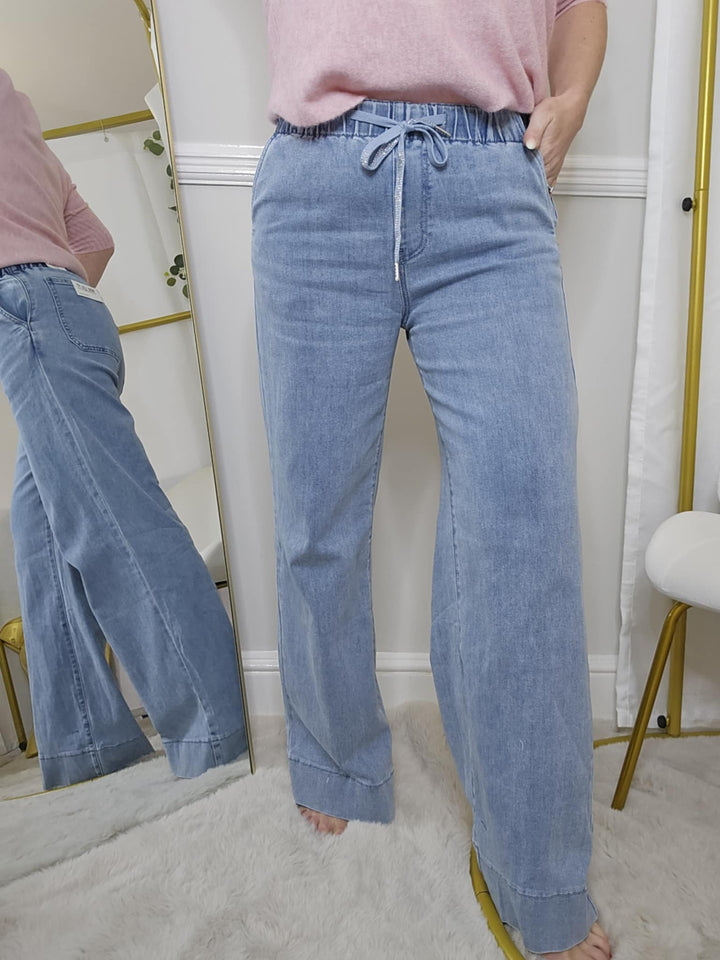Crystal Drawstring Wide Leg Jeans - Stonewashed (choose your Size)