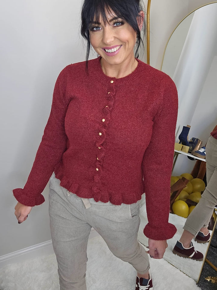 Anna Frilled Cardigan (One Size from Size 8 up to Size 14) - Wine