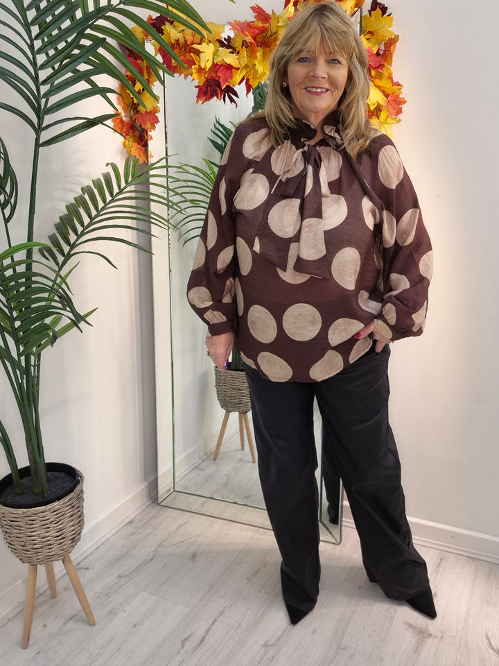 Dotty Oversized Blouse - (One Size/Curvy Size, fits from Size 14/16 to Size 20) - Chocolate