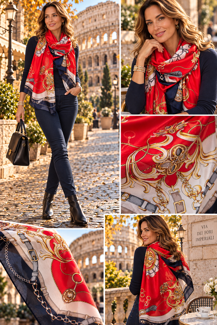 Silk Oversized Scarf/Pashmina - Red/Navy/Gold