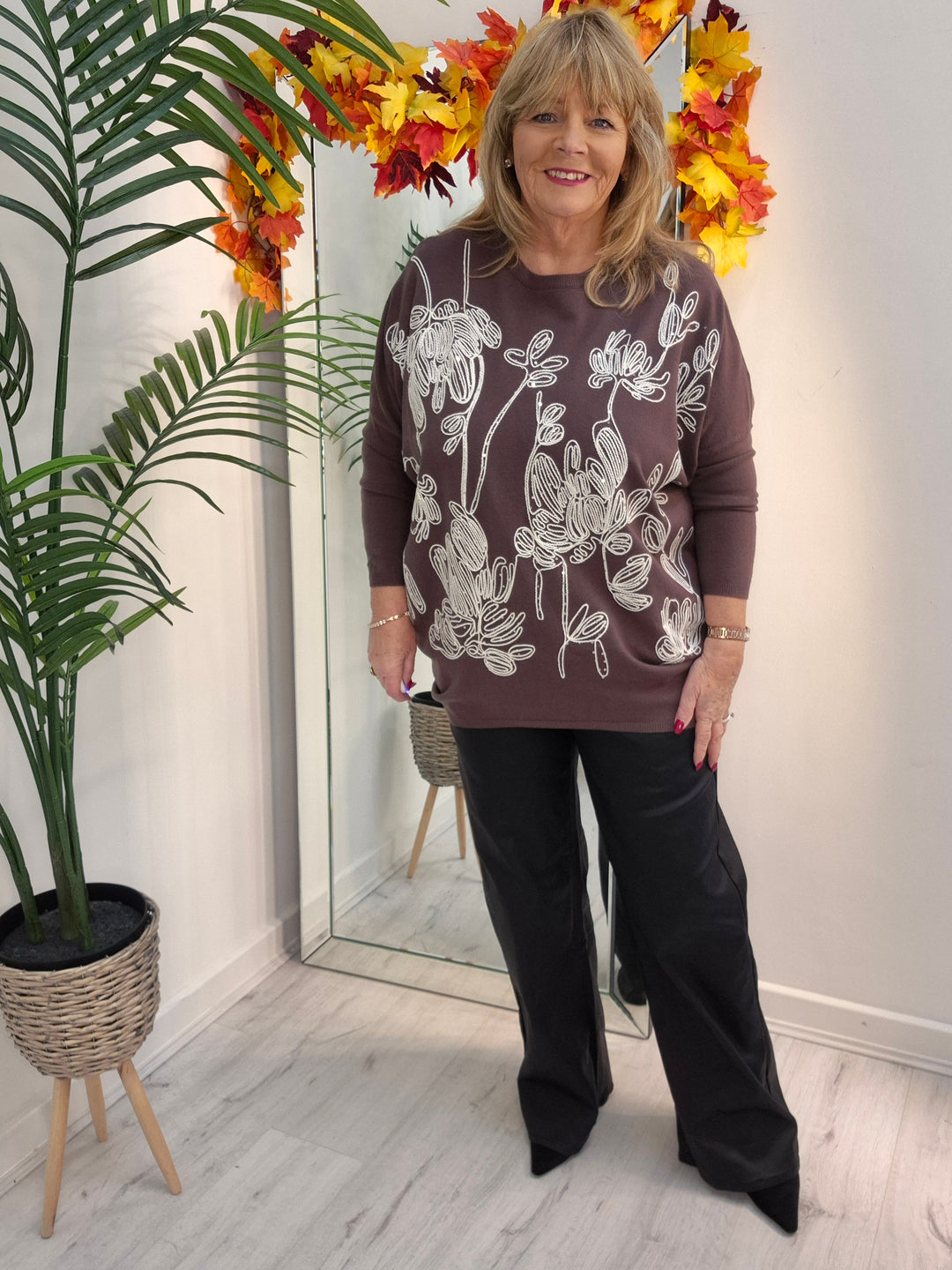Eva Embroidered Sparkle Jumper - Chocolate (fitting from Size 14 up to Size 18/20)