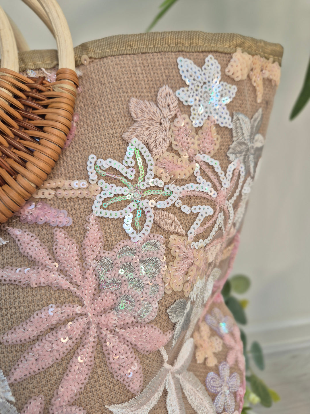 Floral Sequins Bamboo Summer Bag - Pink