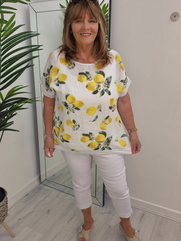 Santorini Sequin Trim Top - White/Lemon