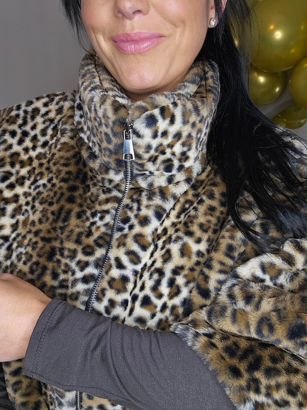 Oslo Faux Fur Jacket with Funnel Collar & Zip Fronted (One Size - fits from 10 up to Size 16) - Leopard