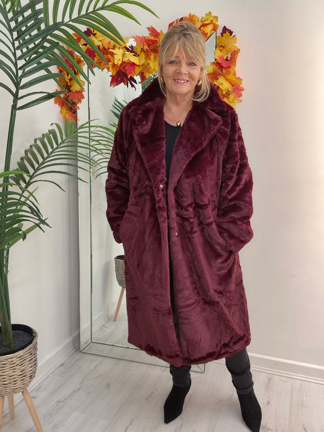 Oslo Faux Fur Longline Coat - Wine (choose your Size)