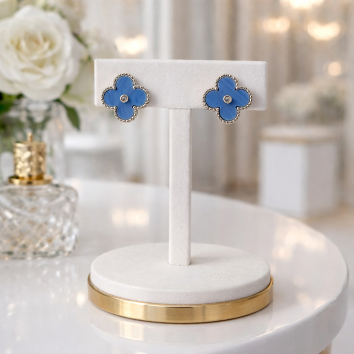 Clover Necklace, Earrings & Bracelet Set - Blue (Silver Tone)