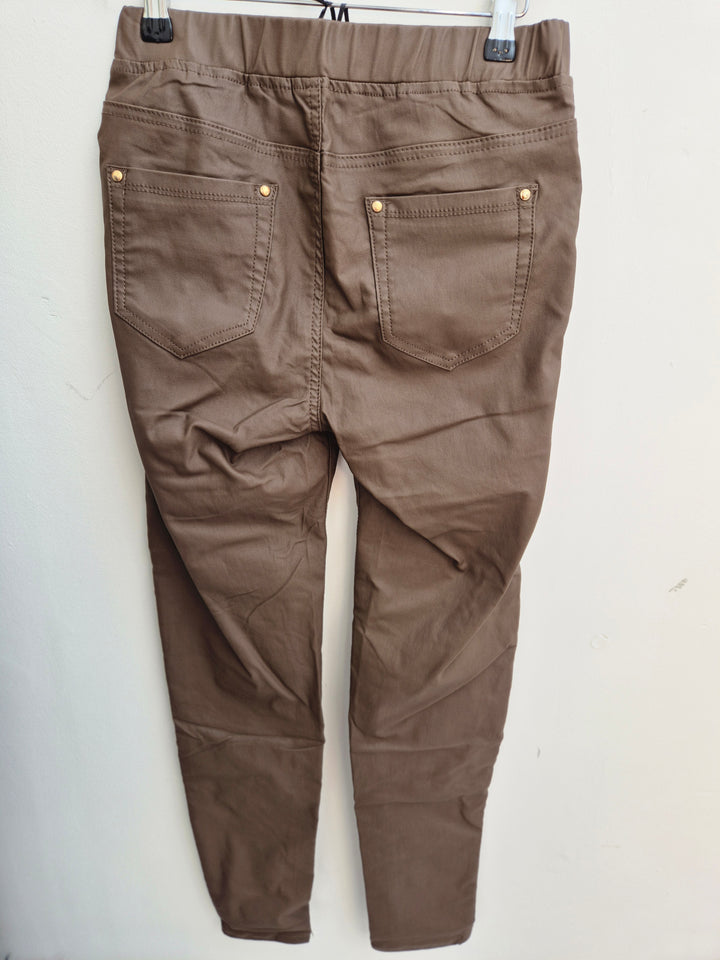Emma Pull On PU Coated Jeans - Chocolate (choose your Size)