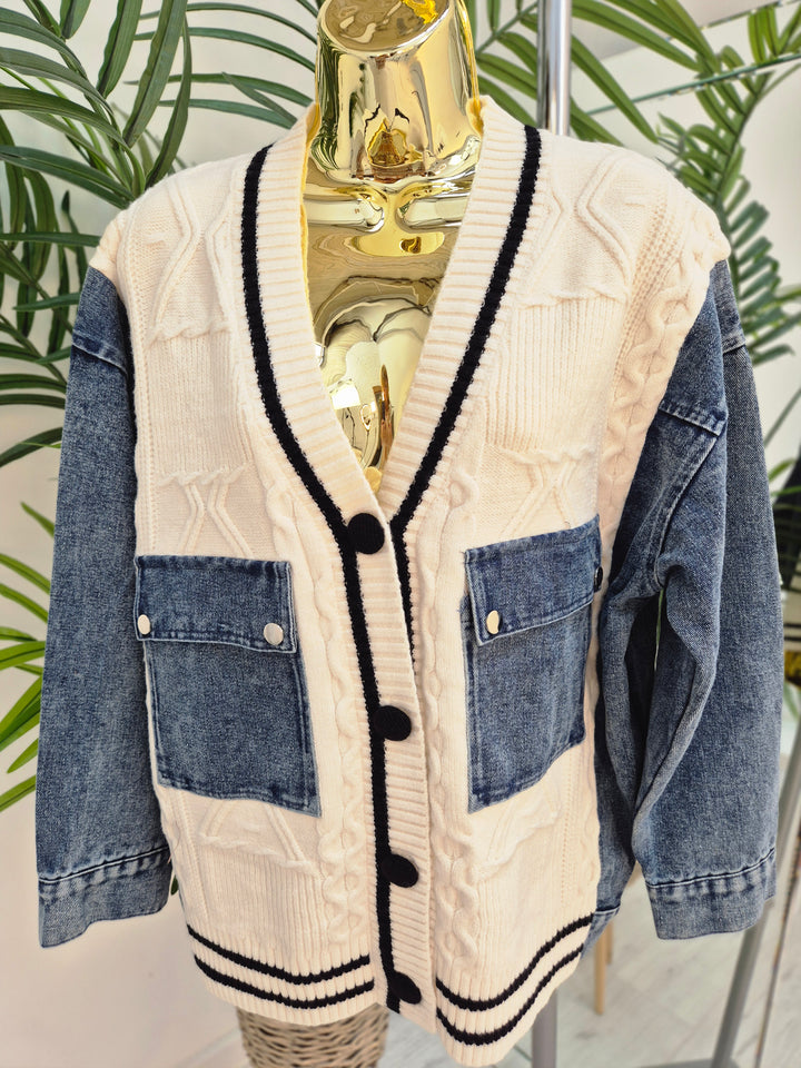 Callie Cable Cardigan with Denim - One Size - fits from Size 10/12 up to Size 18