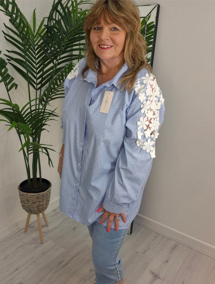 Daisy Lace Sleeve Pin Stripe Blouse - Blue/White - (Oversized)