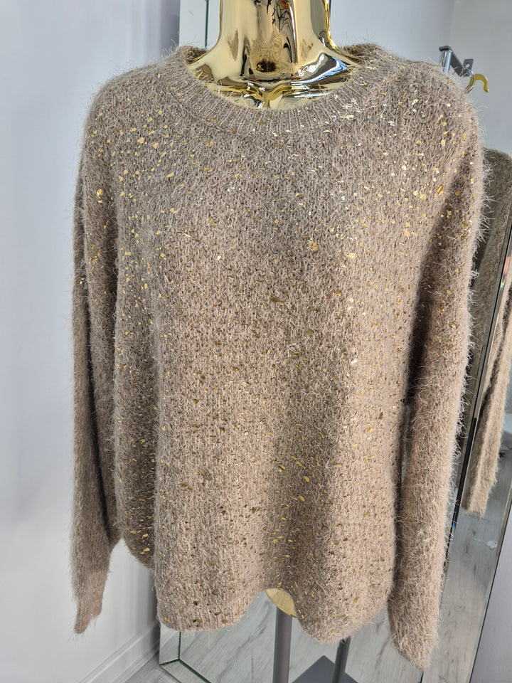 Gold Foil Sparkle Jumper - Biscuit (One Size, fits Size 10 up to Size 16)