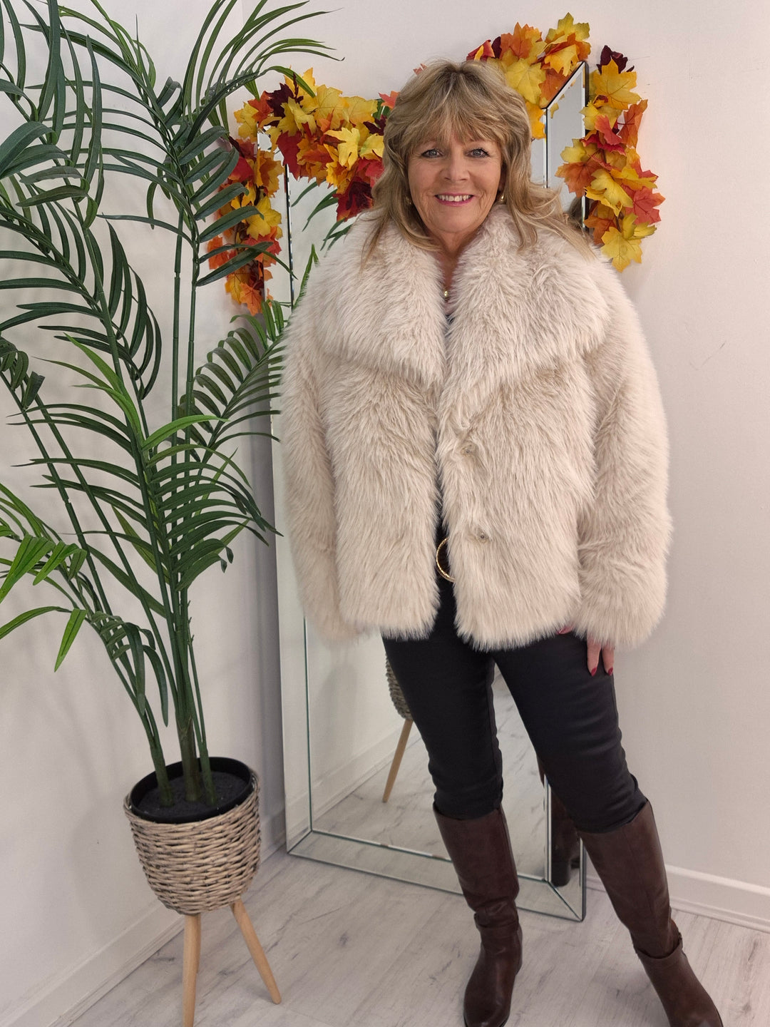 Oslo Faux Fur Shawl Collar Jacket - Creamy Stone (One Size/Curvy - fitting from Size 14 up to Size 18)