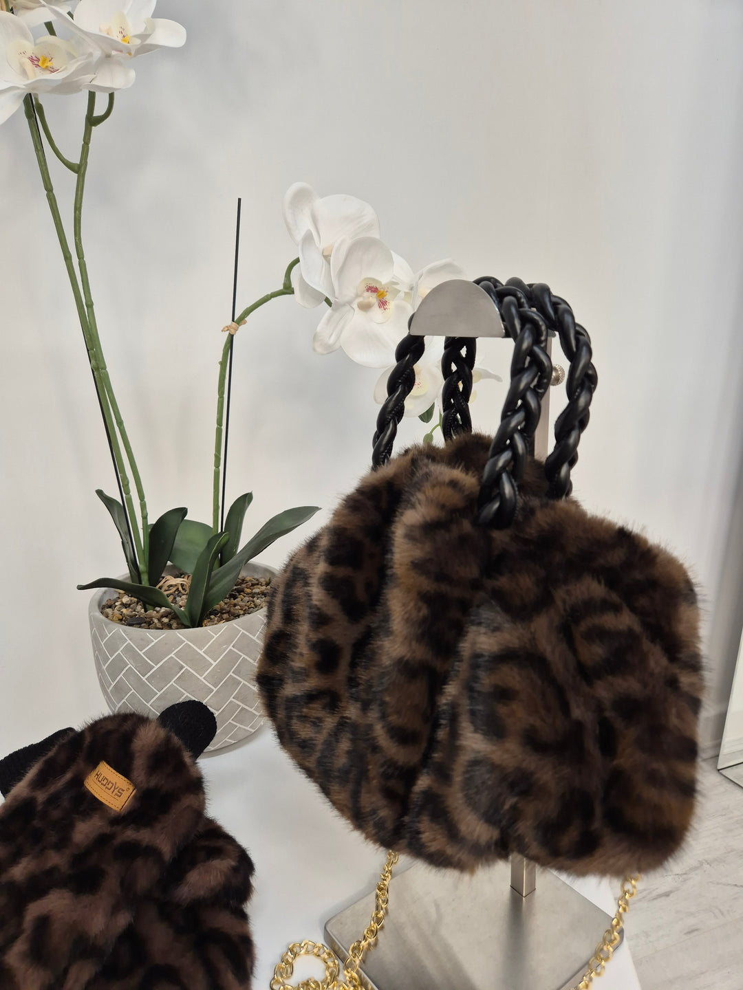 Oslo Faux Fur Bag with Gold Chain - Chocolate Leopard