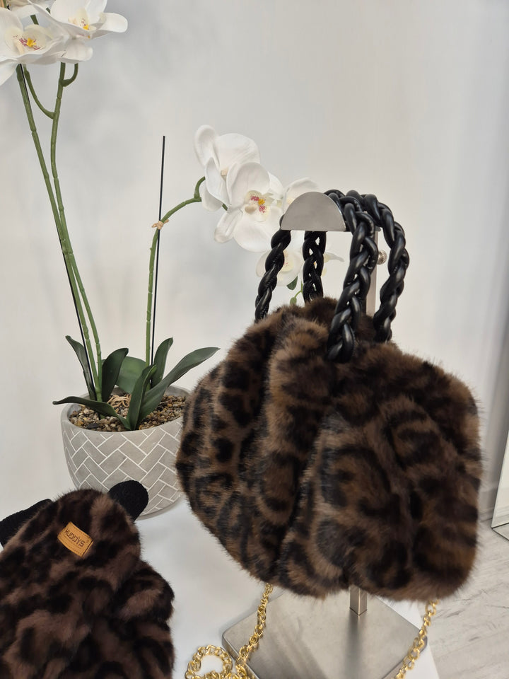 Oslo Faux Fur Bag with Gold Chain - Chocolate Leopard