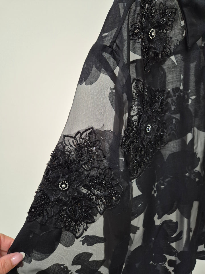 Valencia Ornate Blouse with Crystals & 3D Applique Sparkle - Black (One Size, fits from Size 12 up to Size 16/Small Busted Size 18)