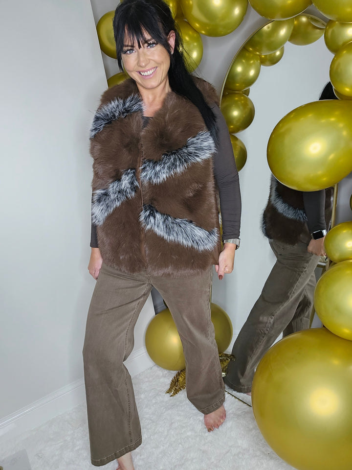 Oslo Faux Fur Two Tone Gilet with Crystal Fastenings - Chocolate (One Size - fits up to Size 10 up to Size 16)