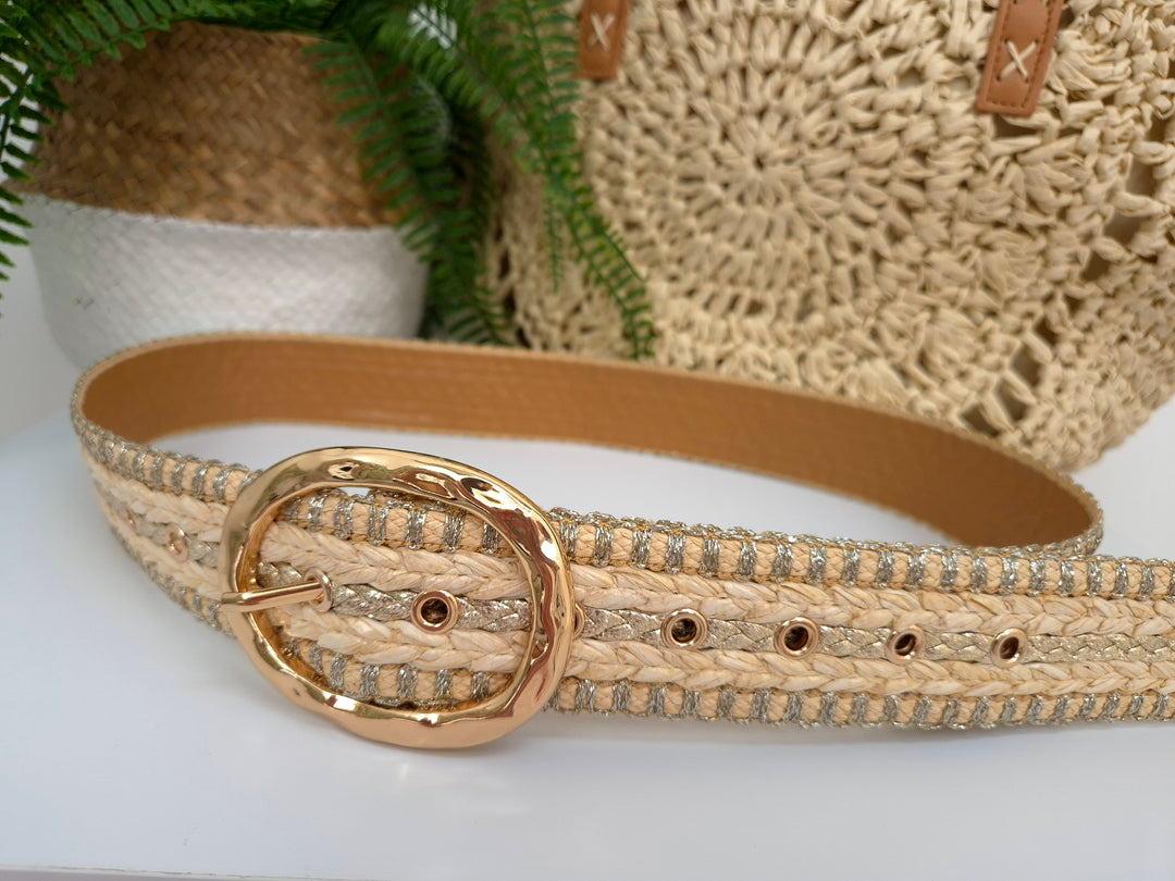 Woven Belt with Large Gold Buckle - Natural/Gold