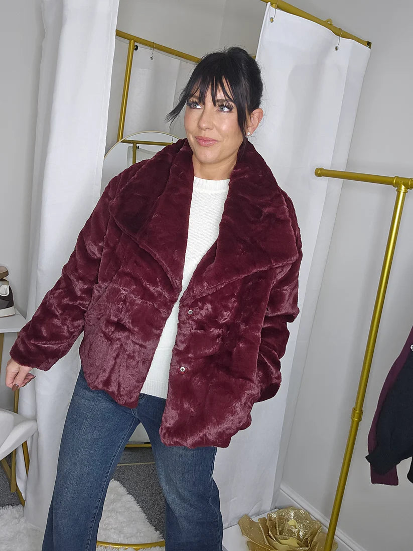 Oslo Faux Fur Medium Length Coat - Wine (One Size - fits from Size 10/12 up to Size 16/18)