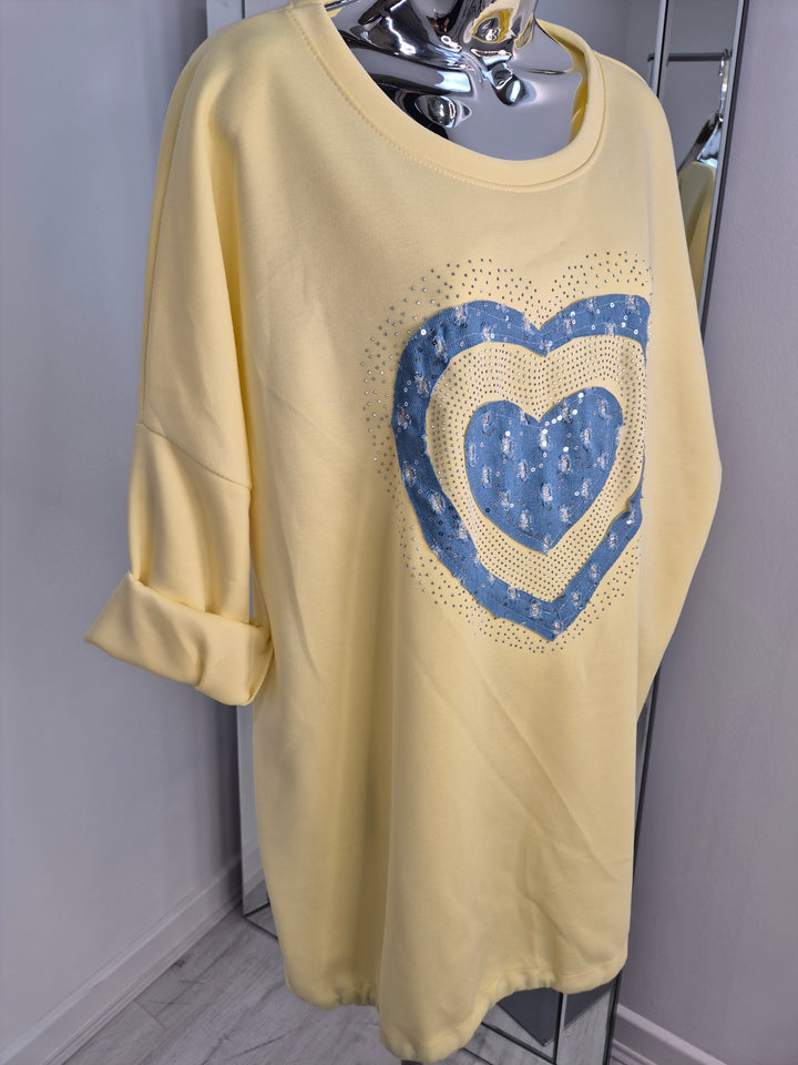 Hannah Hearts Slouchy Top - Yellow/Blue (Oversized fitting from Size 14 up to Size 18/20)
