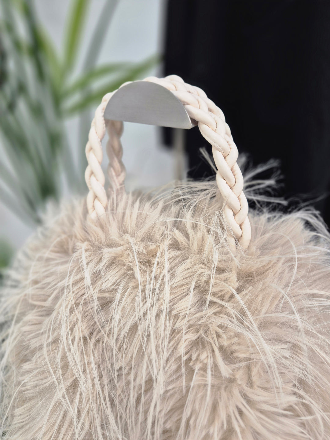 Oslo Faux Fur Shaggy Bag with Dual Handles & Chain Strap - Cream
