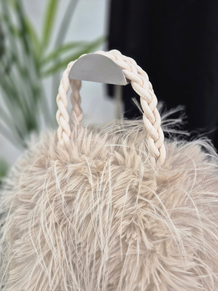 Oslo Faux Fur Shaggy Bag with Dual Handles & Chain Strap - Cream