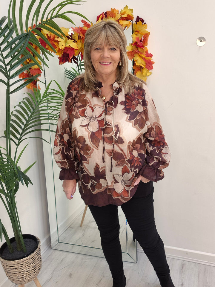 Floral Autumn Blouse - Chocolate/Wine/Stone (fits from Size 12/14 to Size 18/20)