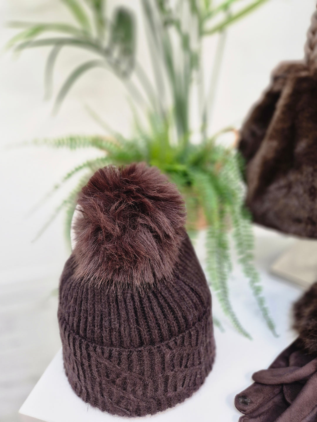 Oslo Faux Fur Pom Pom Cable Hat - Chocolate