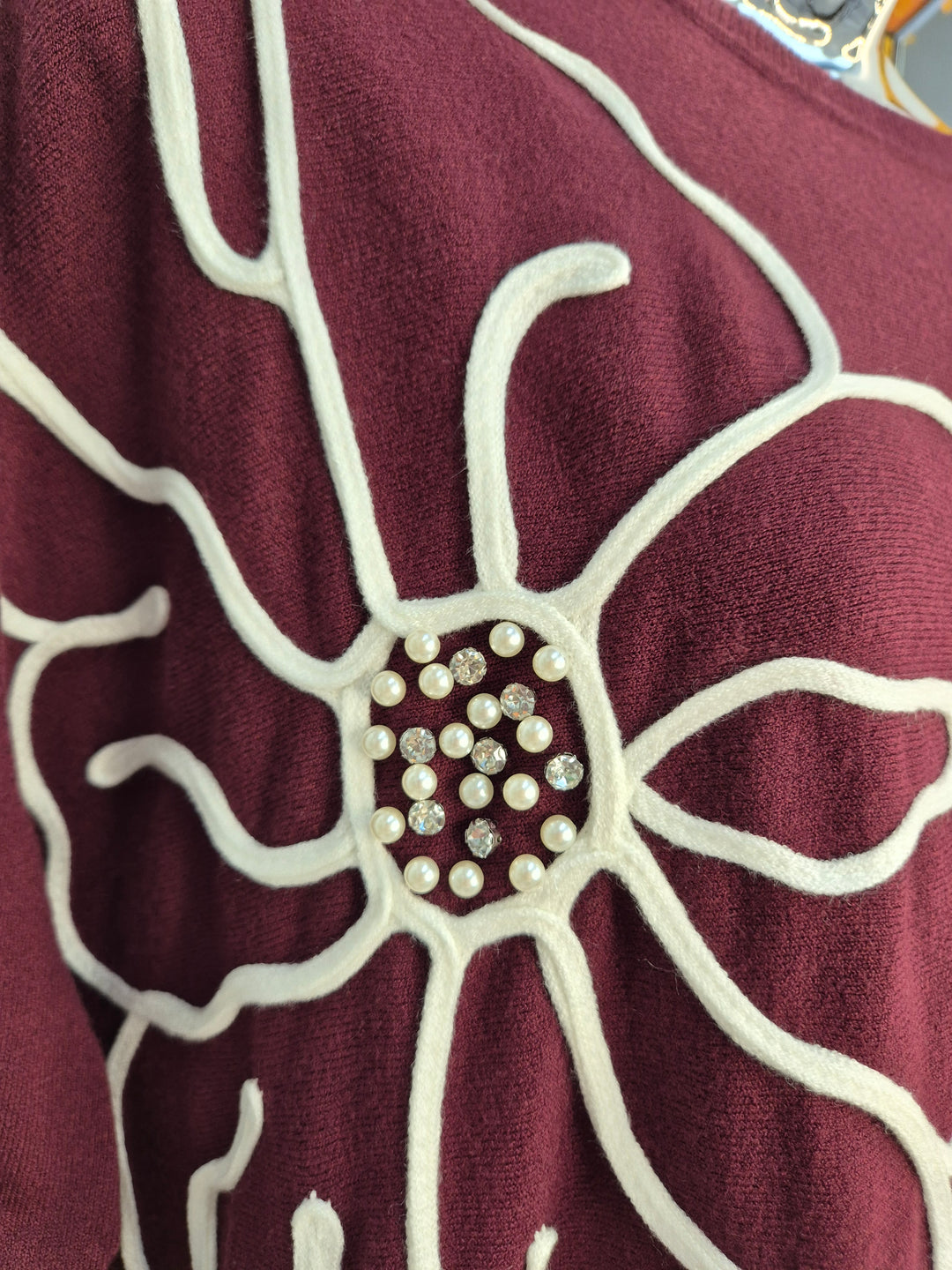 Pearl & Crystal Oversized Jumper - Wine (One Size/Curvy, fits from Size 14 up to Size 18)