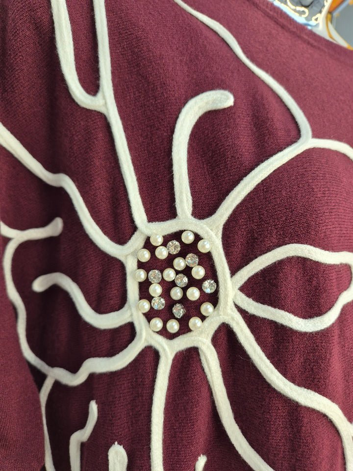 Pearl & Crystal Oversized Jumper - Wine (One Size/Curvy, fits from Size 14 up to Size 18)