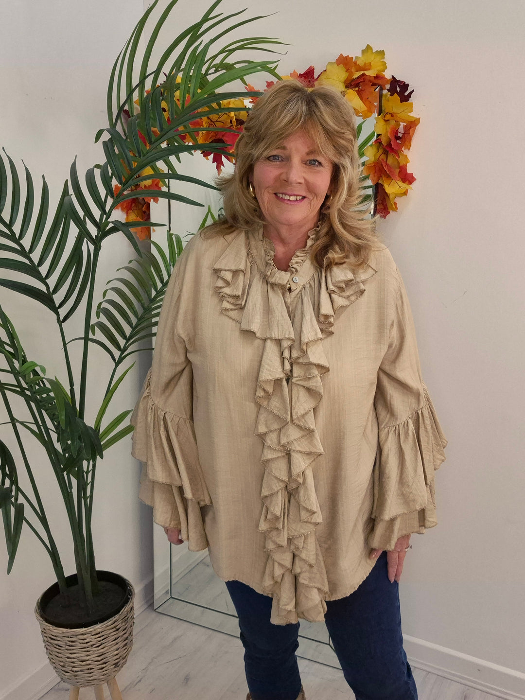 Rhea Ruffle Blouse - (One Size, fits from Size 14 up to Size 18/20) - Champagne
