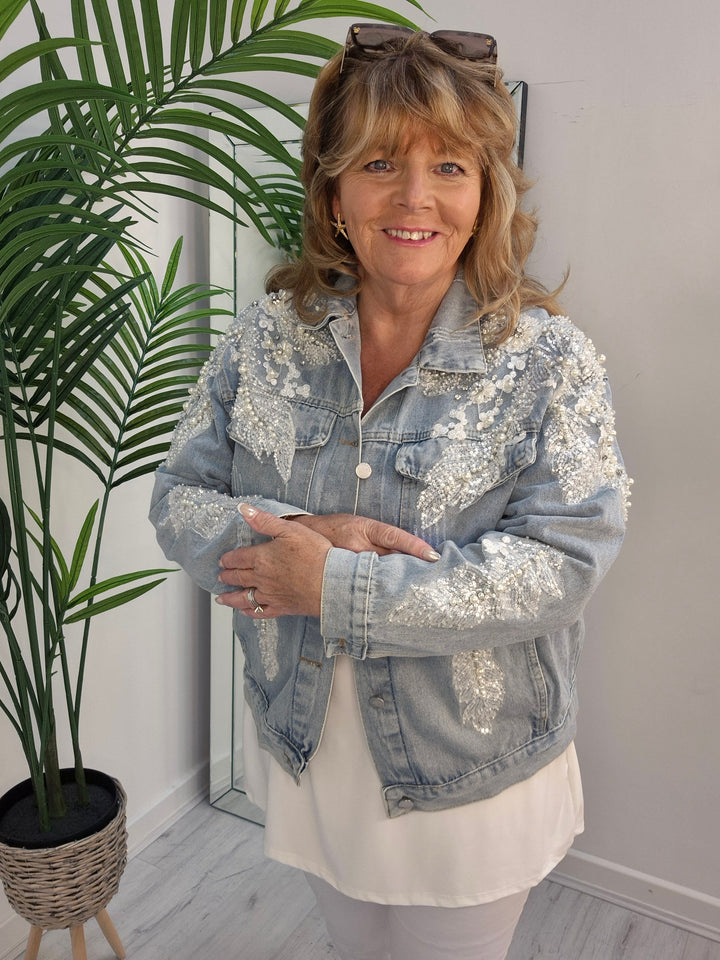 Angelica Crystal & Pearl Denim Jacket - Stonewashed (Oversized)