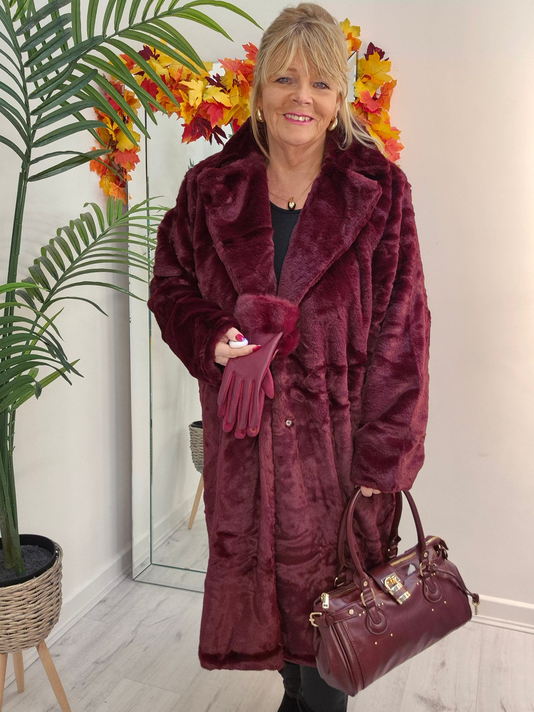 Oslo Faux Fur Longline Coat - Wine (choose your Size)