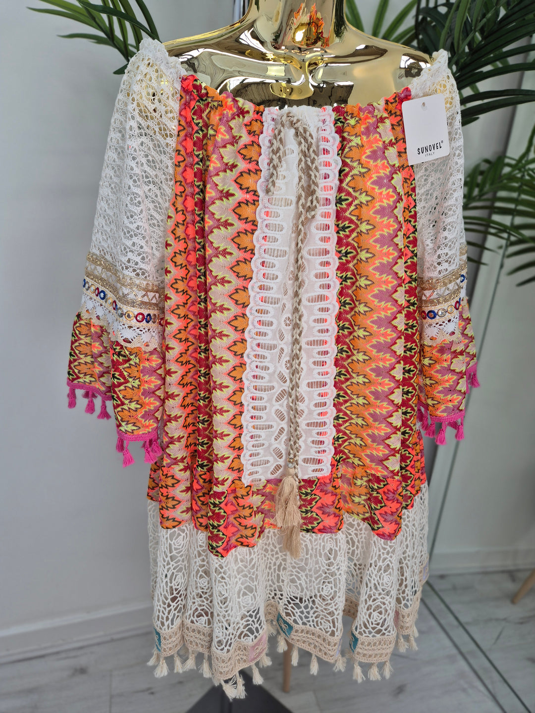 Trinidad Bardot Kaftan/Beach Dress - White/Multi (Oversized)