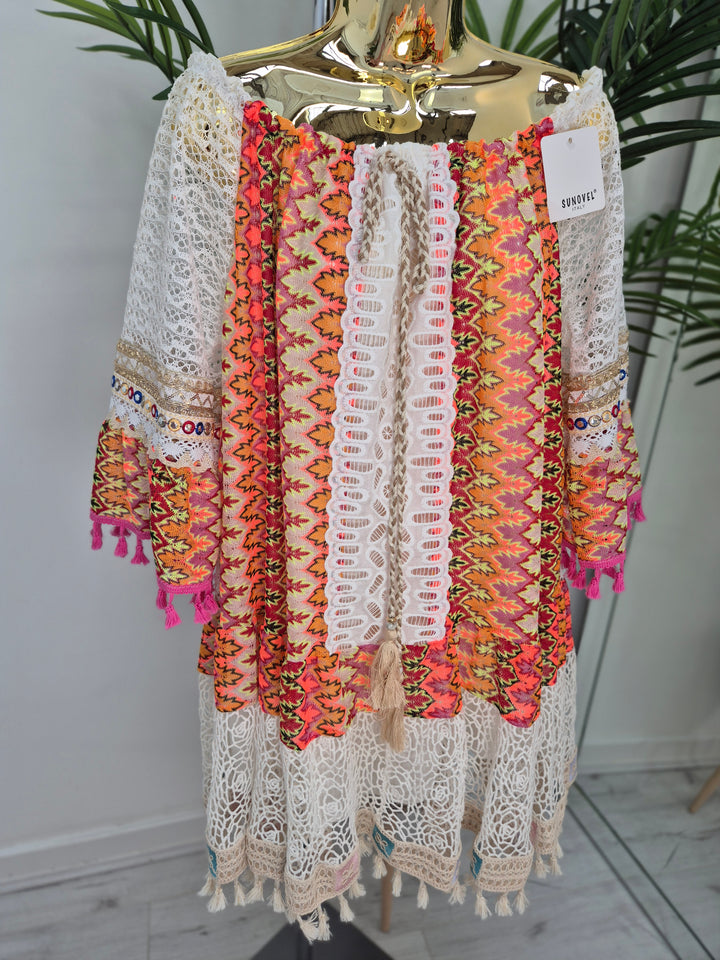 Trinidad Bardot Kaftan/Beach Dress - White/Multi (Oversized)