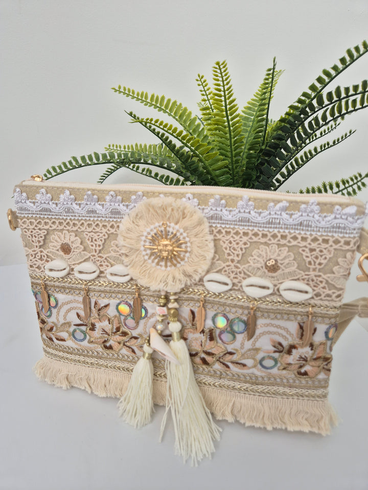 Seashells, Sun, Tassels Clutch Bag - Natural