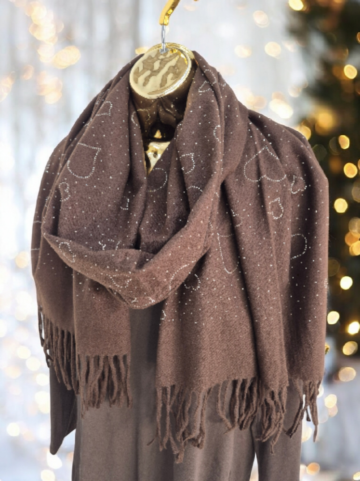 Sparkly Hearts Oversized Fringed Scarf - Chocolate