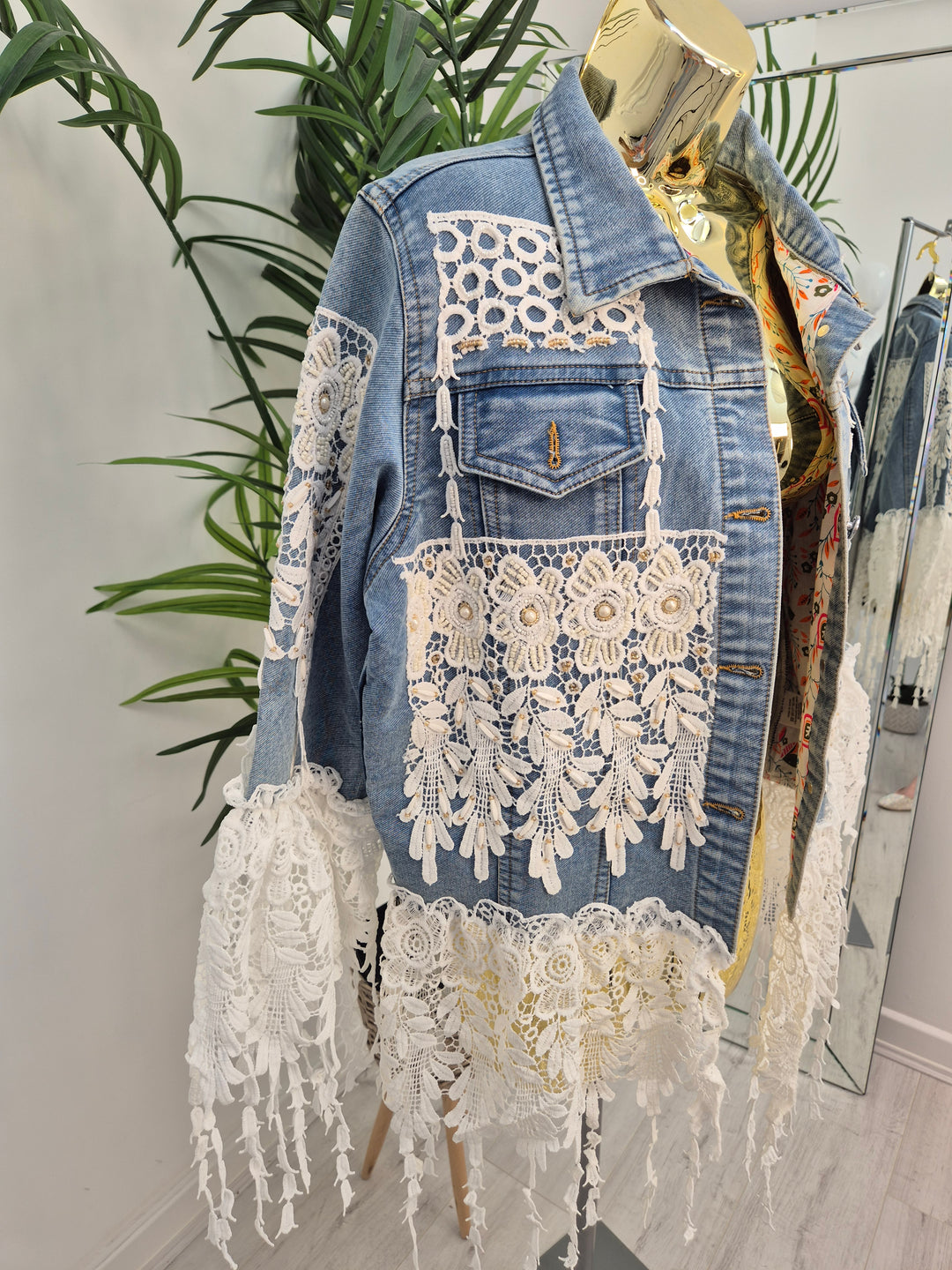 Elle Lace Tassel Denim Jacket - Light/Mid Stonewashed (One Size, fitting from Size 10 up to 14)